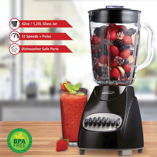 Brentwood 12S  Plus Glass Jar Blender 42oz Black -JB-920B